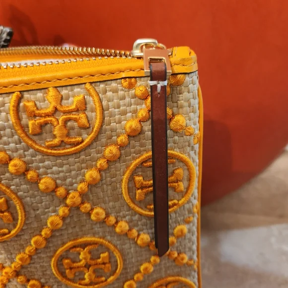 NWOT Tory Burch Orange Citrine T Monogram Embroidered Straw Clutch Purse - Picture 3 of 10